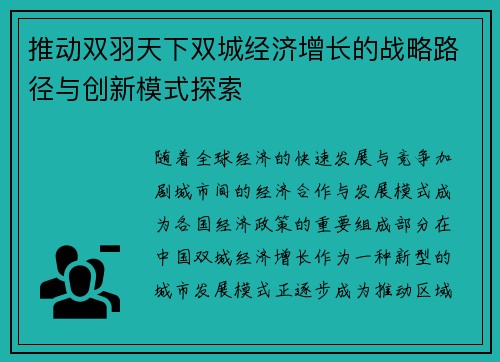 推动双羽天下双城经济增长的战略路径与创新模式探索